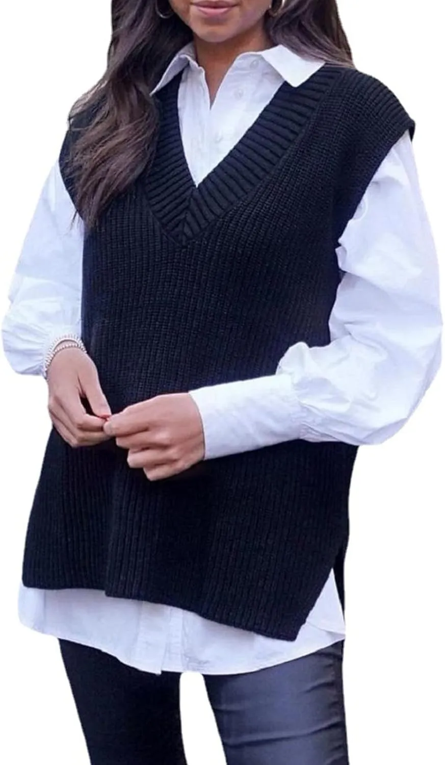 Women's Fall Winter Casual Trendy V-Neck Sleeveless Cable Knit Sweater Vest