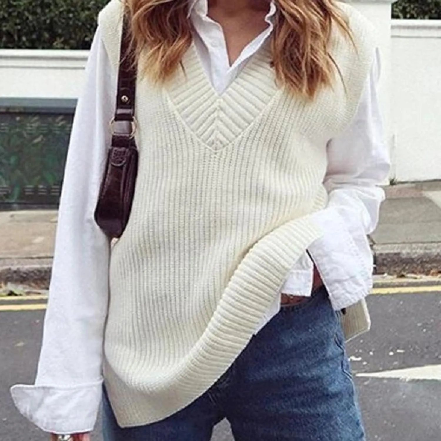 Women's Fall Winter Casual Trendy V-Neck Sleeveless Cable Knit Sweater Vest