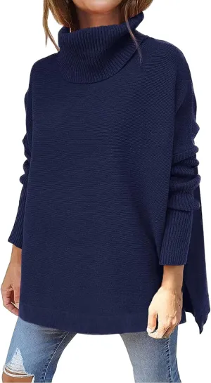 Women's Fall Winter Trendy Loose Turtleneck Long Sleeve Solid Knit Sweater