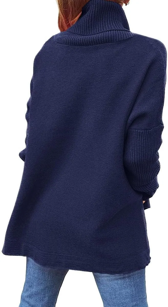 Women's Fall Winter Trendy Loose Turtleneck Long Sleeve Solid Knit Sweater