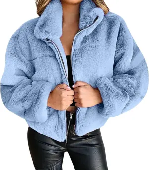 Women's Faux Fur Coat Winter Cropped Fleece Stand collar Zip Up Jackets Shaggy Fluffy Warm Comfy Outerwear Coats