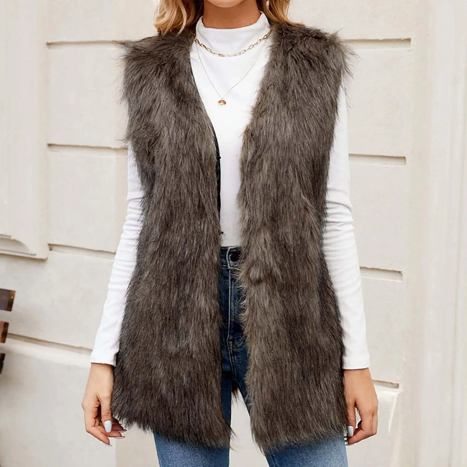 Womens Faux Fur Vest Winter Warm Short Coat Fluffy Shaggy Sleeveless Jacket Fashion Casual Fuzzy Outerwear