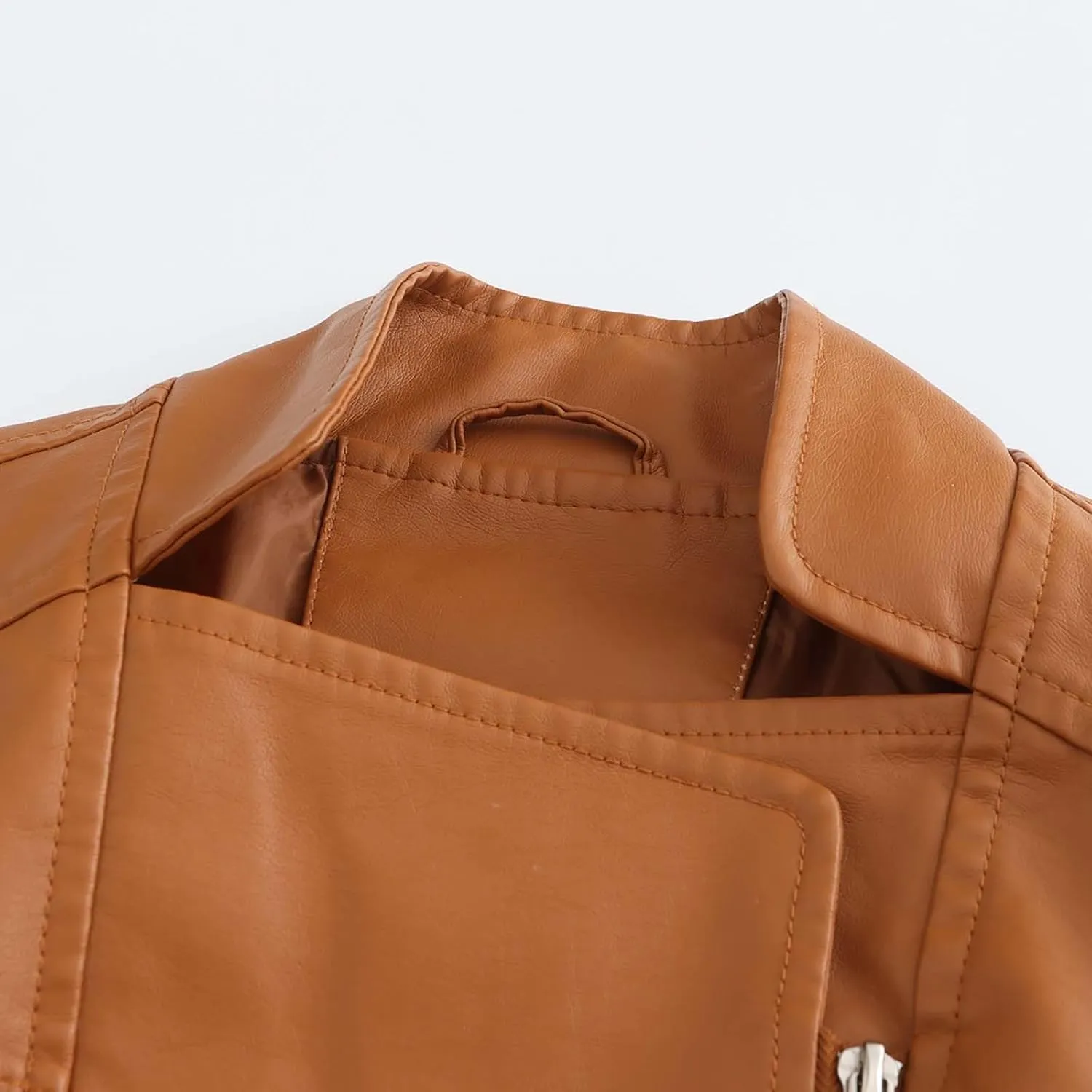 Womens Faux Leather Shacket Jackets Plus Size Motorcycle Jacket with Belted Zip Pockets Loose Fit Pleather Bike Coat