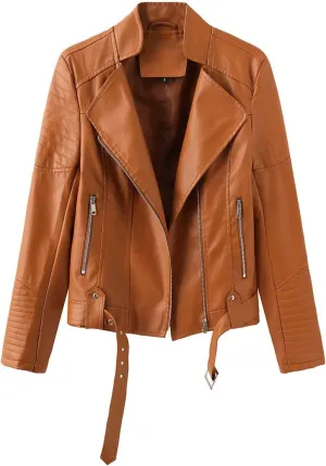Womens Faux Leather Shacket Jackets Plus Size Motorcycle Jacket with Belted Zip Pockets Loose Fit Pleather Bike Coat