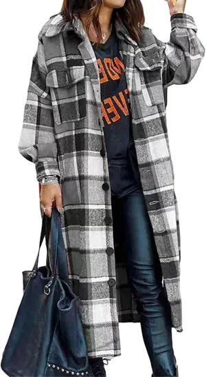 Womens Flannel Plaid Shacket Long Lapel Wool Blend Coat Loose Fit Button Down Lapel Trench Coat