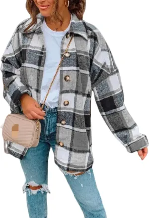 Womens Flannel Plaid Shacket Oversized Button Down Shirt Jacket Casual Wool Blend Jackets Cropped Brushed Warm Coat