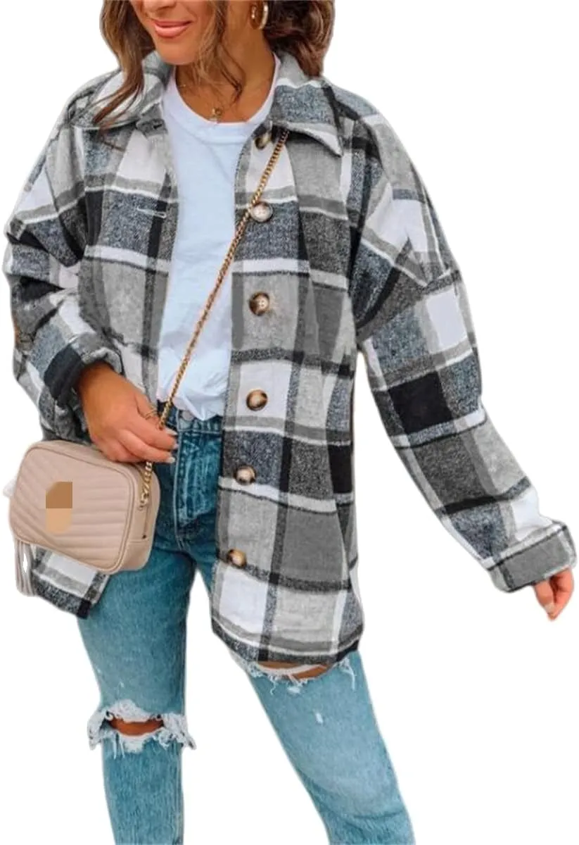 Womens Flannel Plaid Shacket Oversized Button Down Shirt Jacket Casual Wool Blend Jackets Cropped Brushed Warm Coat