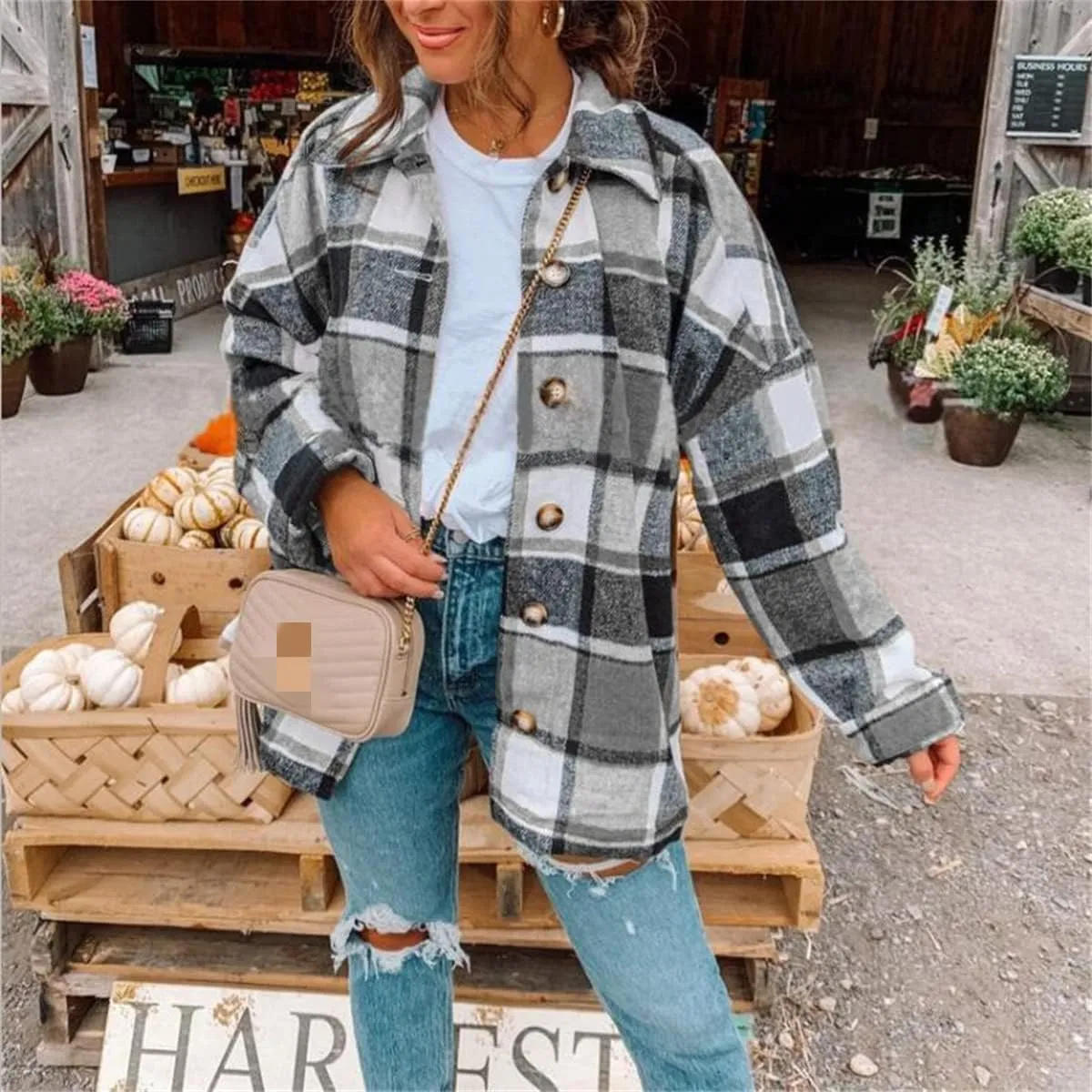 Womens Flannel Plaid Shacket Oversized Button Down Shirt Jacket Casual Wool Blend Jackets Cropped Brushed Warm Coat