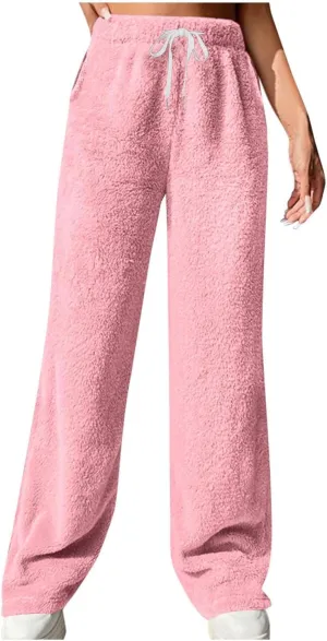 Women's Fleece Lined Wide Leg Pants with Pockets 2024 Loose Baggy Lounge Pants Fall Winter Pants
