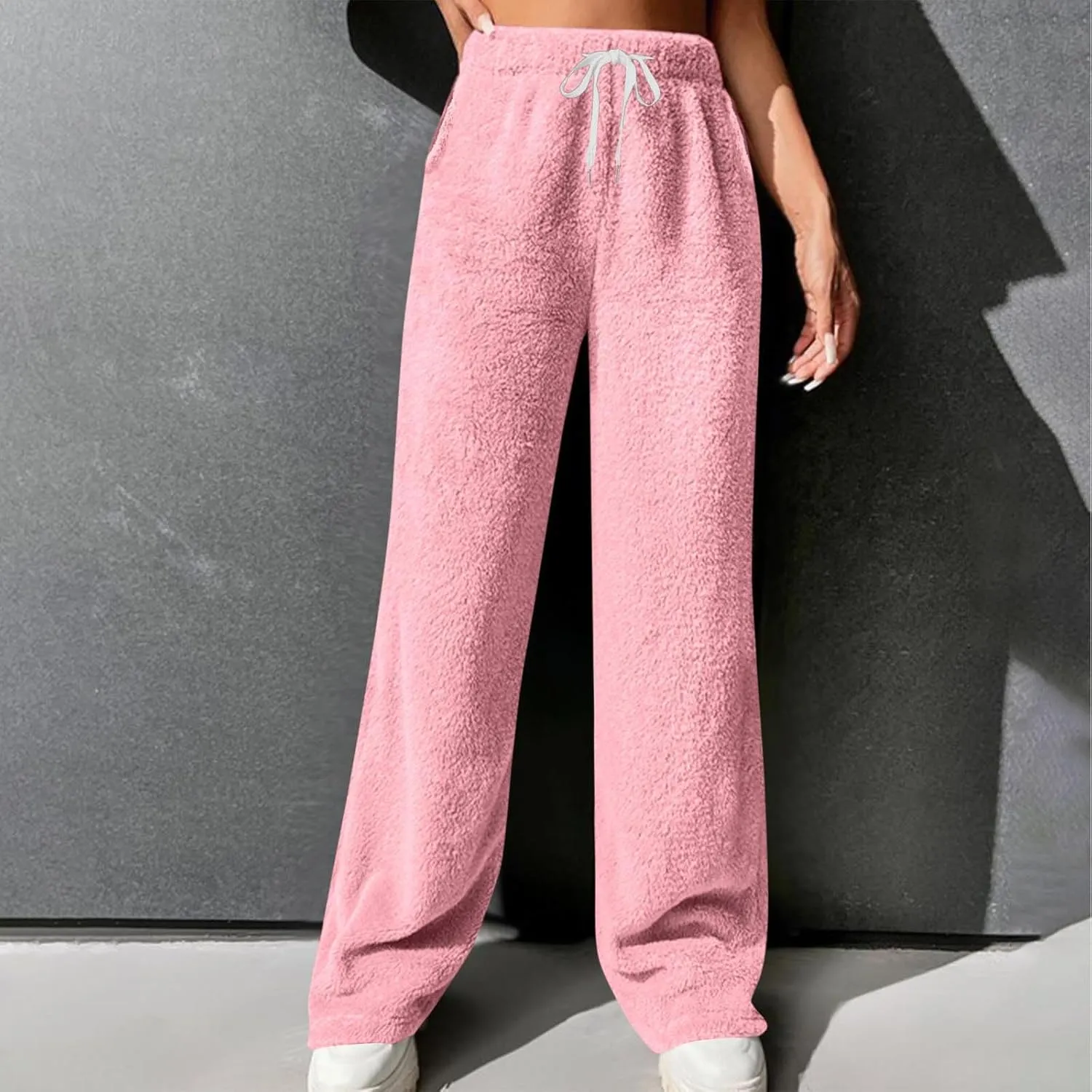 Women's Fleece Lined Wide Leg Pants with Pockets 2024 Loose Baggy Lounge Pants Fall Winter Pants