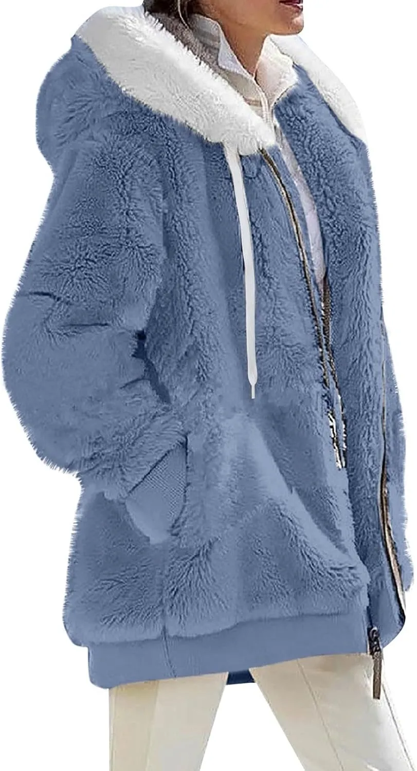 Womens Full Zip Up Sherpa Hoodie Fuzzy Fleece Jackets Oversized Fluffy Coat with Pockets S-5Xl