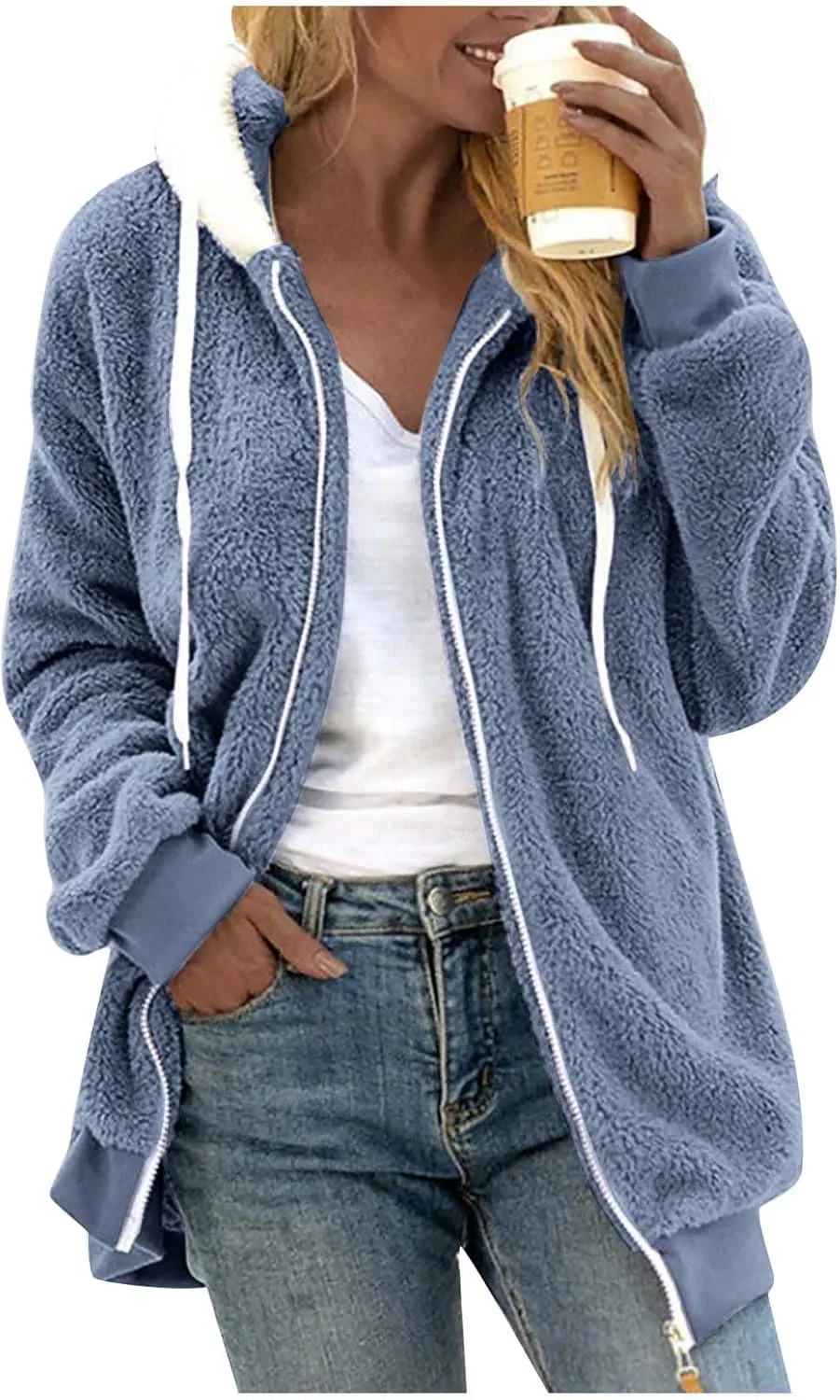 Womens Full Zip Up Sherpa Hoodie Fuzzy Fleece Jackets Oversized Fluffy Coat with Pockets S-5Xl