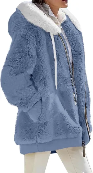 Womens Full Zip Up Sherpa Hoodie Fuzzy Fleece Jackets Oversized Fluffy Coat with Pockets S-5Xl
