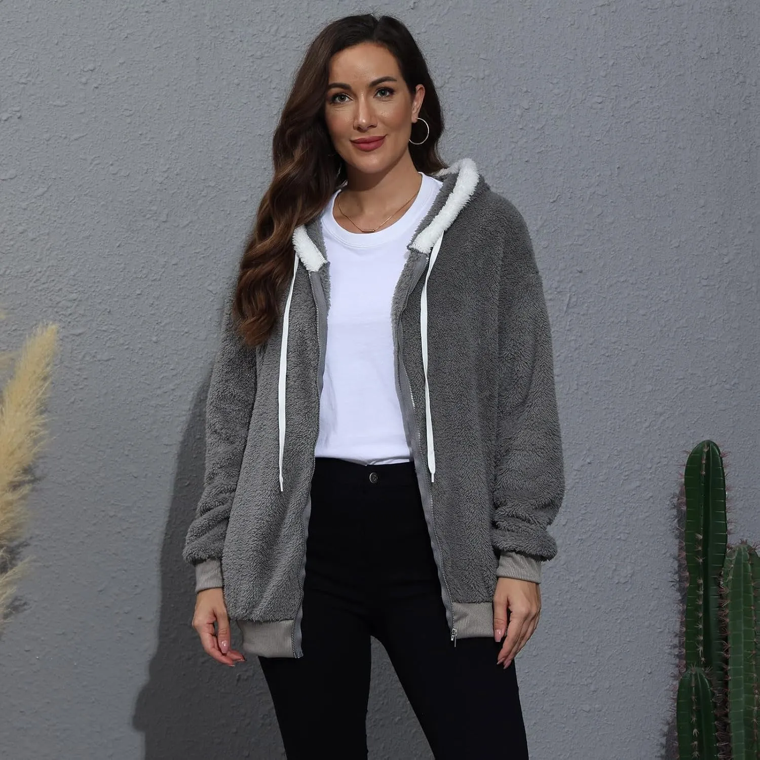 Womens Full Zip Up Sherpa Hoodie Fuzzy Fleece Jackets Oversized Fluffy Coat with Pockets S-5Xl