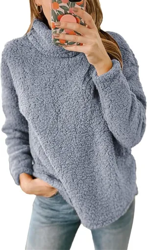 Womens Fuzzy Fleece Pullover Sherpa Sweatshirt Casual Long Sleeve Turtleneck Sweaters Loose Chunky Knit Tops