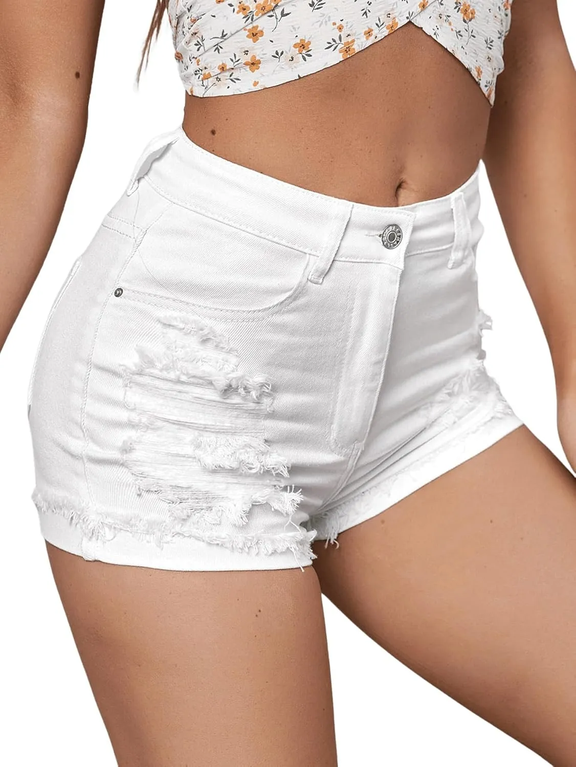 Women's High Waisted Stretchy Distressed Denim Shorts Ripped Roll Up Raw Hem Casual Summer Jean Shorts