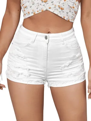 Women's High Waisted Stretchy Distressed Denim Shorts Ripped Roll Up Raw Hem Casual Summer Jean Shorts
