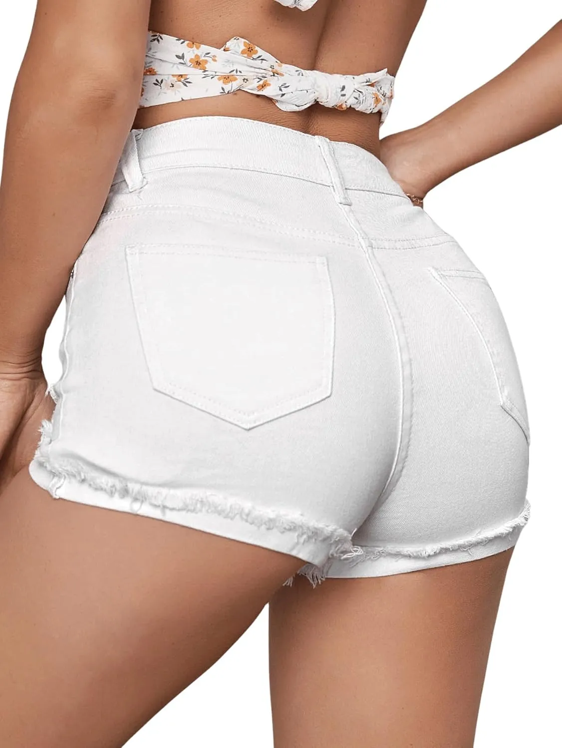 Women's High Waisted Stretchy Distressed Denim Shorts Ripped Roll Up Raw Hem Casual Summer Jean Shorts