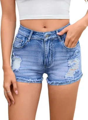Women's High Waisted Stretchy Distressed Denim Shorts Ripped Roll Up Raw Hem Casual Summer Jean Shorts