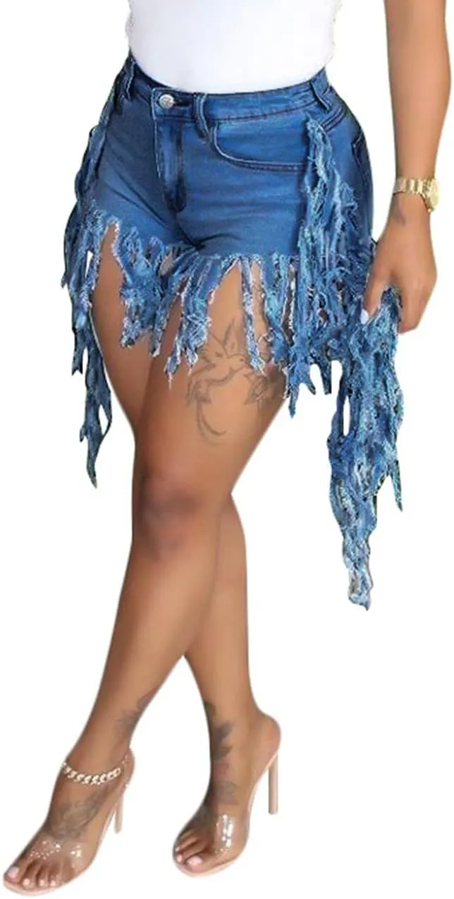 Women's Jean Shorts Plus Size Summer High Waisted Stretchy Frayed Raw Hem Tassele Denim Shorts