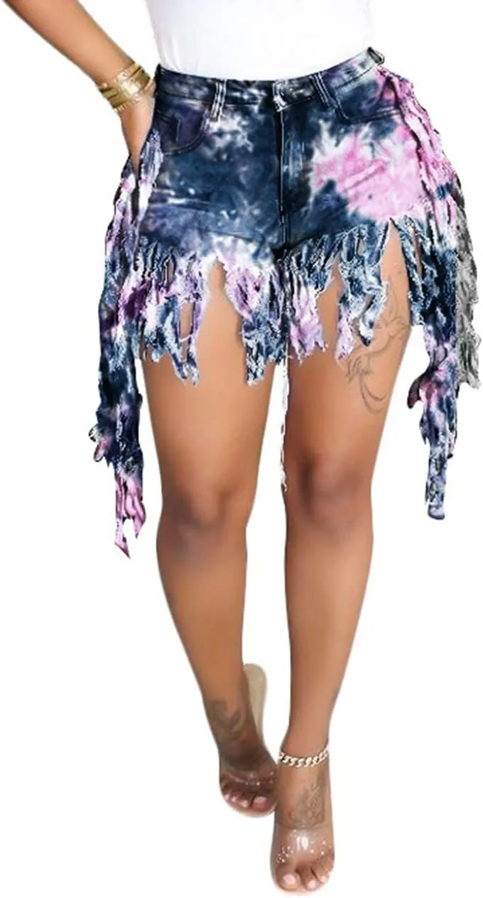 Women's Jean Shorts Plus Size Summer High Waisted Stretchy Frayed Raw Hem Tassele Denim Shorts
