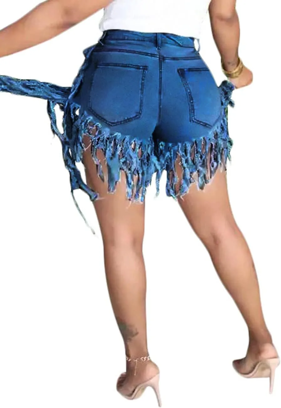 Women's Jean Shorts Plus Size Summer High Waisted Stretchy Frayed Raw Hem Tassele Denim Shorts