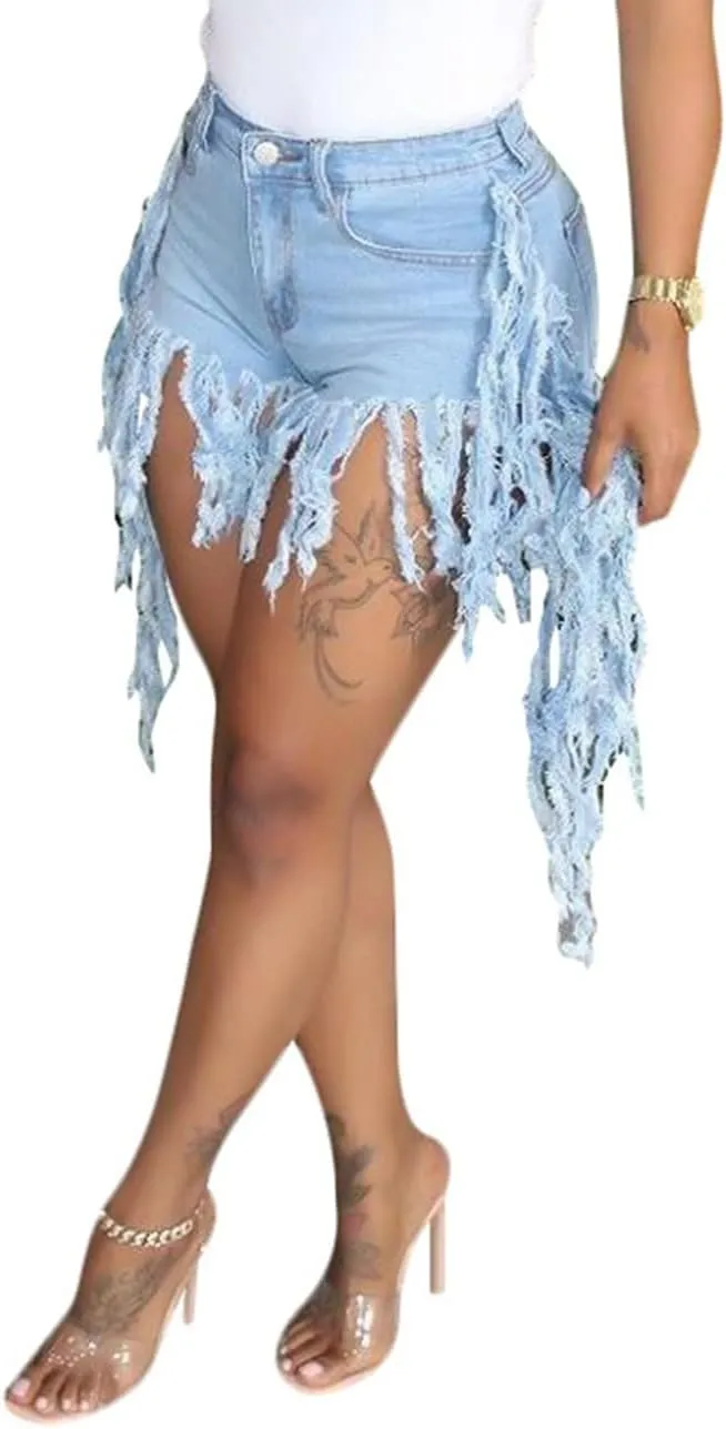Women's Jean Shorts Plus Size Summer High Waisted Stretchy Frayed Raw Hem Tassele Denim Shorts
