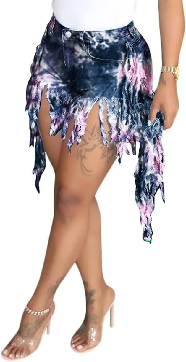 Women's Jean Shorts Plus Size Summer High Waisted Stretchy Frayed Raw Hem Tassele Denim Shorts
