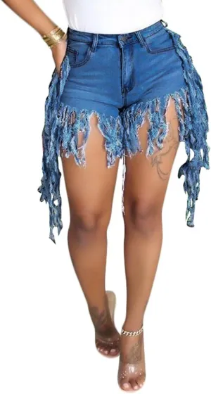 Women's Jean Shorts Plus Size Summer High Waisted Stretchy Frayed Raw Hem Tassele Denim Shorts