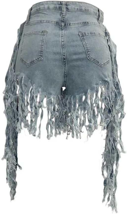 Women's Jean Shorts Plus Size Summer High Waisted Stretchy Frayed Raw Hem Tassele Denim Shorts