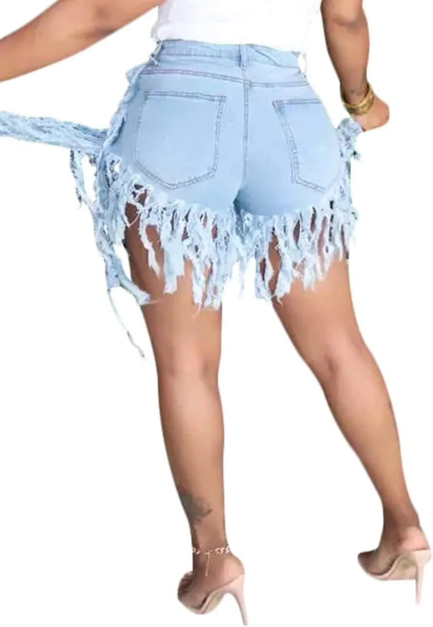 Women's Jean Shorts Plus Size Summer High Waisted Stretchy Frayed Raw Hem Tassele Denim Shorts