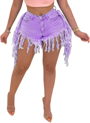 Women's Jean Shorts Plus Size Summer High Waisted Stretchy Frayed Raw Hem Tassele Denim Shorts
