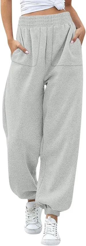 Womens Joggers with Pockets Fleece Baggy Sweatpants Elastic High Waisted Lounge Pants Workout Athletic Ankle Pants