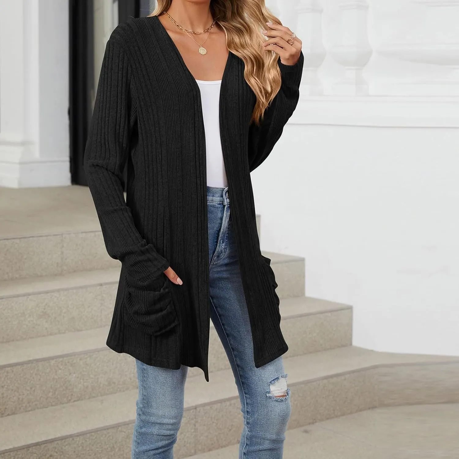 Womens Lightweight Open Front Cardigan Casual Long Sleeve Cable Knit Cardigan Sweaters 2024 Fall Outfits with Pockets