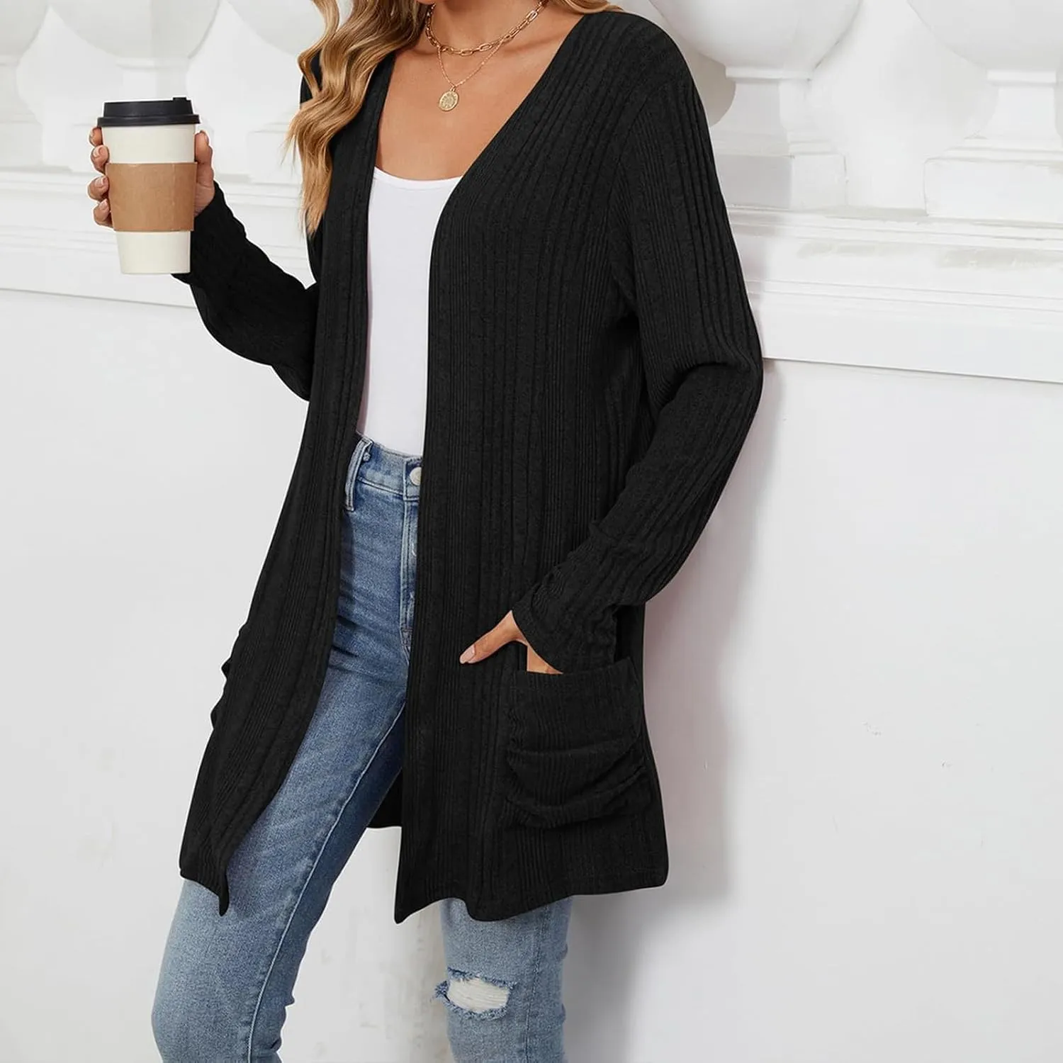 Womens Lightweight Open Front Cardigan Casual Long Sleeve Cable Knit Cardigan Sweaters 2024 Fall Outfits with Pockets