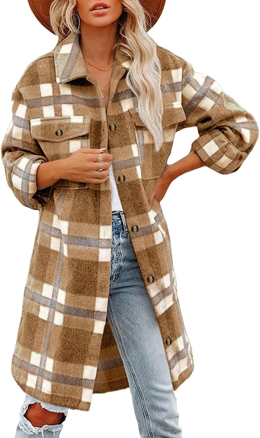 Womens Long Plaid Shirt Wool Blend Flannel Shackets Lapel Button Down Shirt Jacket Coat