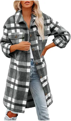 Womens Long Plaid Shirt Wool Blend Flannel Shackets Lapel Button Down Shirt Jacket Coat