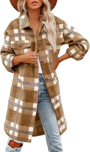 Womens Long Plaid Shirt Wool Blend Flannel Shackets Lapel Button Down Shirt Jacket Coat
