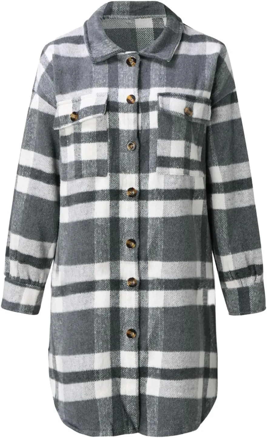 Womens Long Plaid Shirt Wool Blend Flannel Shackets Lapel Button Down Shirt Jacket Coat