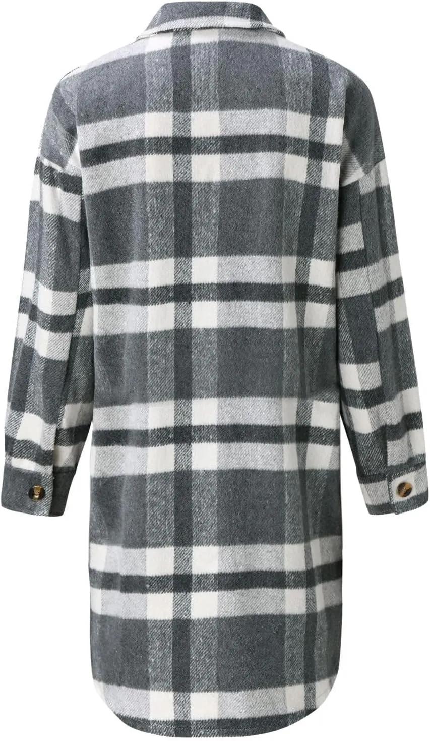 Womens Long Plaid Shirt Wool Blend Flannel Shackets Lapel Button Down Shirt Jacket Coat