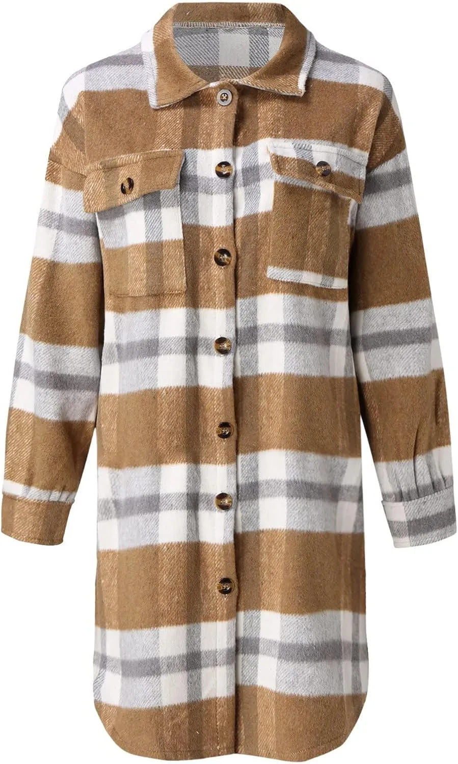 Womens Long Plaid Shirt Wool Blend Flannel Shackets Lapel Button Down Shirt Jacket Coat