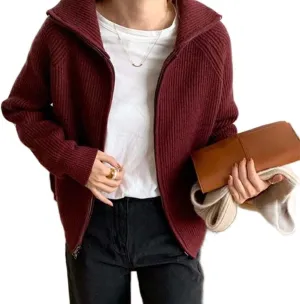 Womens Long Sleeve Zipper Ribbed Knit Cardigan Coat Solid Color Collared Sweater Knitwear Vintage Aesthetic Grunge Sweater