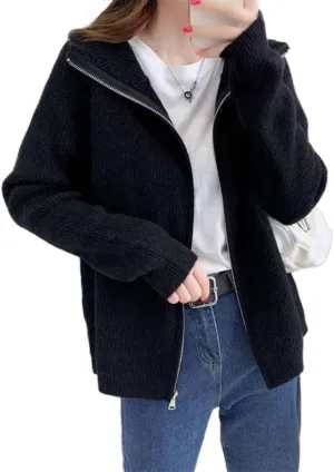 Womens Long Sleeve Zipper Ribbed Knit Cardigan Coat Solid Color Collared Sweater Knitwear Vintage Aesthetic Grunge Sweater