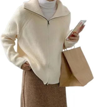 Womens Long Sleeve Zipper Ribbed Knit Cardigan Coat Solid Color Collared Sweater Knitwear Vintage Aesthetic Grunge Sweater