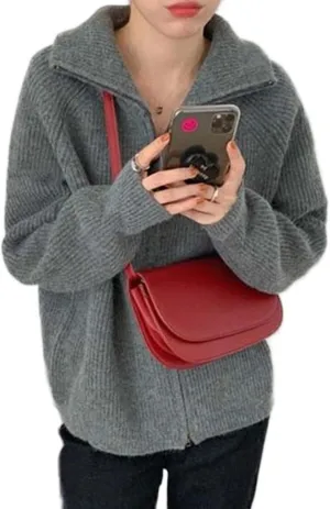 Womens Long Sleeve Zipper Ribbed Knit Cardigan Coat Solid Color Collared Sweater Knitwear Vintage Aesthetic Grunge Sweater