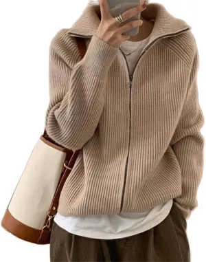 Womens Long Sleeve Zipper Ribbed Knit Cardigan Coat Solid Color Collared Sweater Knitwear Vintage Aesthetic Grunge Sweater