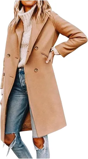 Womens Long Winter Coats Wool Blend Mid-Long Peacoat Notch Lapel Single-Breasted Overcoat Outwear