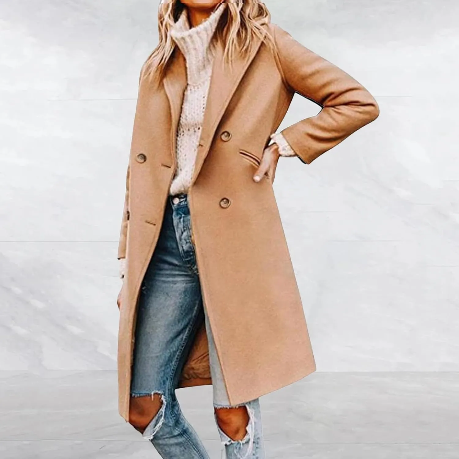 Womens Long Winter Coats Wool Blend Mid-Long Peacoat Notch Lapel Single-Breasted Overcoat Outwear