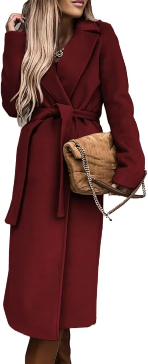 Women's Maxi Wool Blend Wrap Coat with Belt Classic Elegant Overcoat Winter Lapel Trench Coats Open Front Cardigans