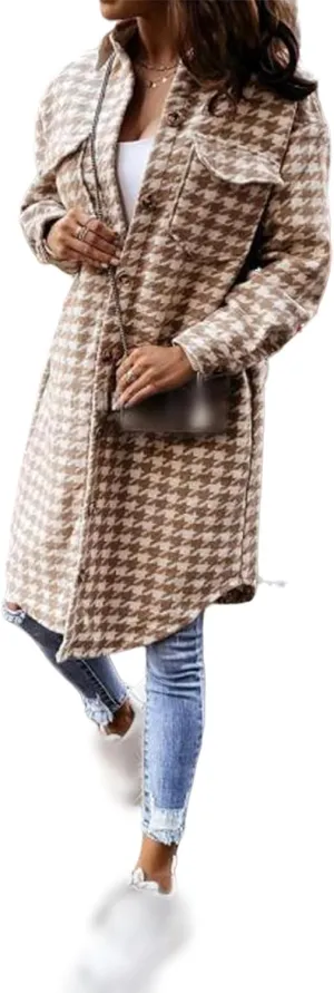 Women's Notched Lapel Collar Houndstooth Button Down Pea Coat Winter Wool Blend Over Coats Long Jackets